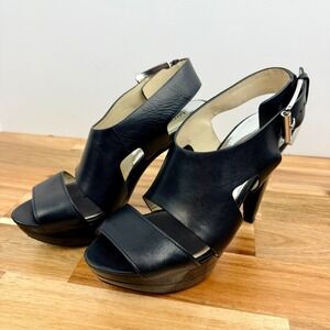 Michael Michael Kors Womens Black Leather Platform Sandals Silver Buckle Heel